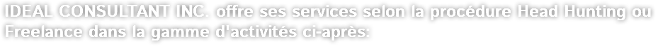 IDEAL CONSULTANT INC. offre ses services selon la procédure Head Hunting ou Freelance dans la gamme d'activités ci-après: